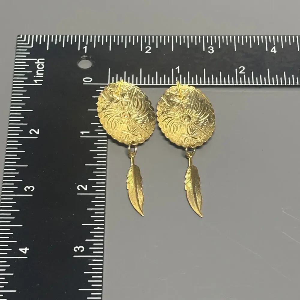 Vintage Gold Tone Concho‎ Earrings Pierced Dangle Feather Drop Western Jewelry